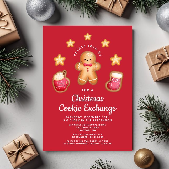 Red Christmas Cookie Exchange Cute Gingerbread Man Invitation (Red Christmas Cookie Exchange Cute Gingerbread Man Invitation)