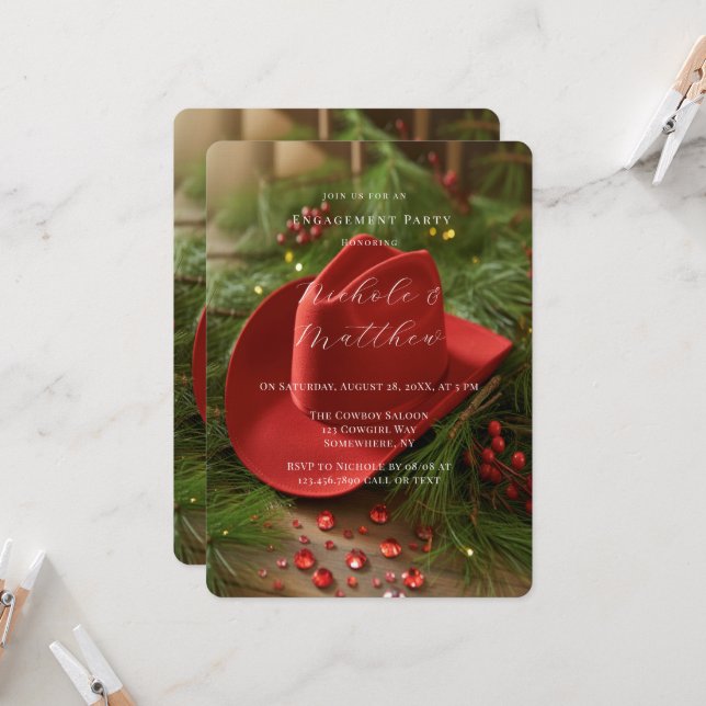 Red Christmas Cowboy Hat Engagement Party Invitation (Front/Back In Situ)