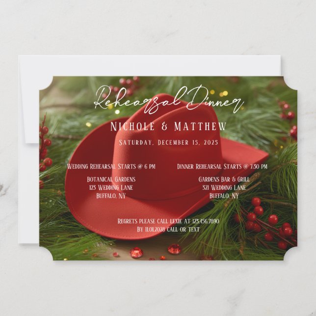 Red Christmas Cowboy Hat Rehearsal Dinner Invitation (Front)