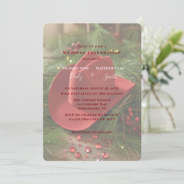 Red Christmas Cowboy Hat Wedding Celebration Invitation (Standing Front)