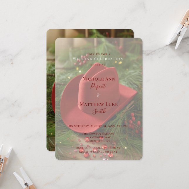Red Christmas Cowboy Hat Wedding Celebration Invitation (Front/Back In Situ)