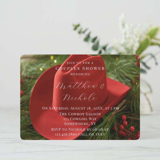 Red Christmas Cowboy Hat Wedding Shower Invitation (Standing Front)