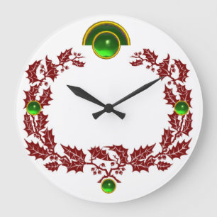 RED CHRISTMAS CROWN WITH HOLLY BERRIES , EMERALDS LARGE CLOCK