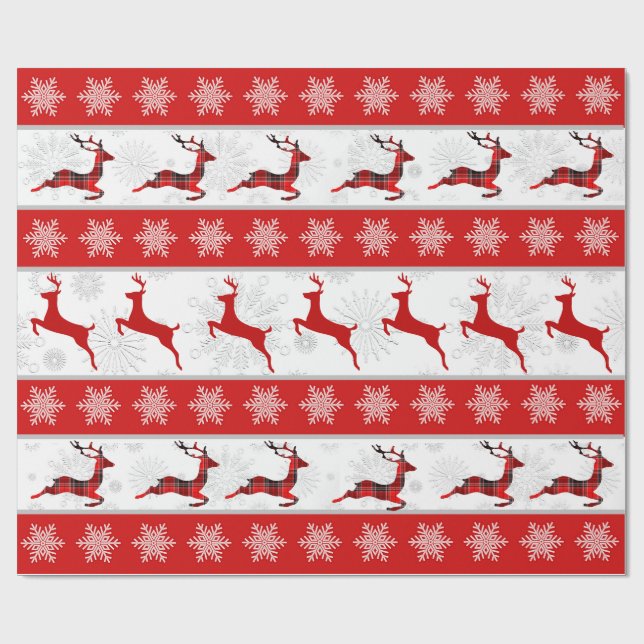 Red Christmas Deer Red & White Snowflake Pattern Wrapping Paper (Flat)