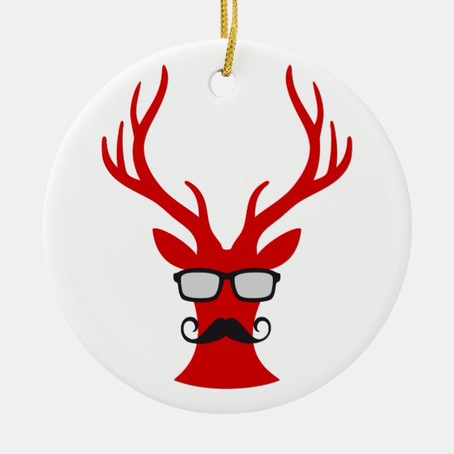 Red Christmas deer with moustache and nerd glasses Ceramic Tree Decoration (Front)