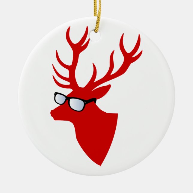 Red Christmas deer with nerd glasses Ceramic Tree Decoration (Front)