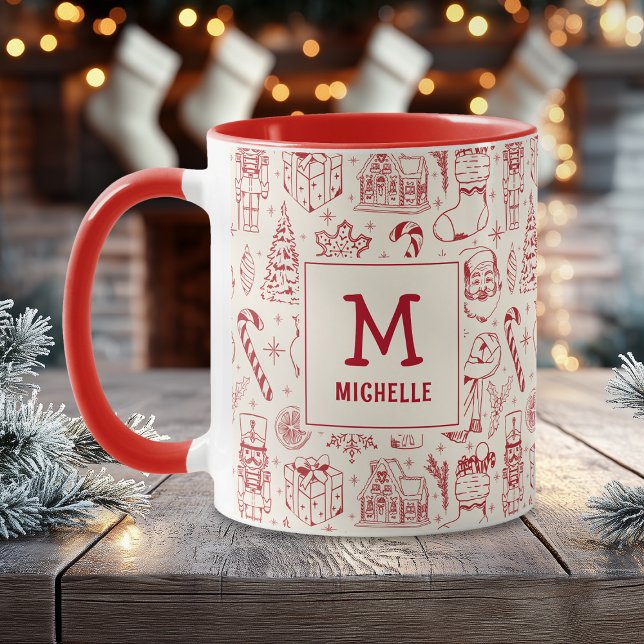 Red Christmas Doodle Monogram and Name Mug (Creator Uploaded)