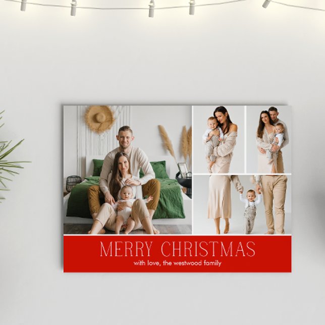 RED Christmas Elegant 4 Collage Photo message Holiday Card (Creator Uploaded)