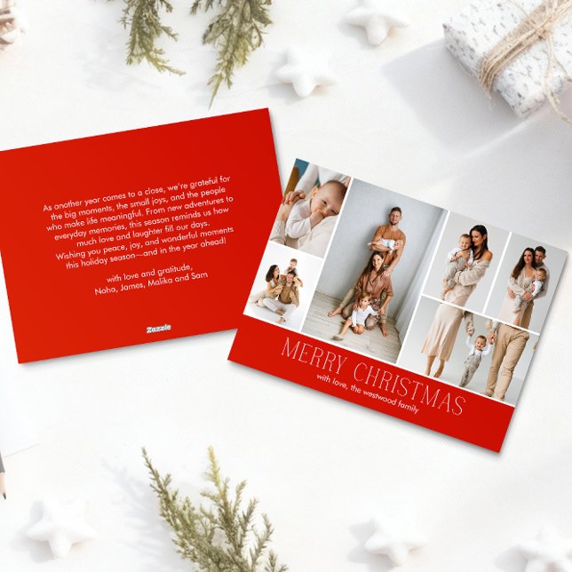 RED Christmas Elegant 6 Collage Photo message Holiday Card (Creator Uploaded)