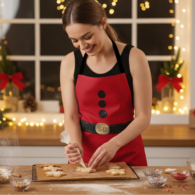 Red Christmas Elf Costume Monogram Holiday Apron (A festive red apron inspired by an elf. Just add your initials and get creative in the kitchen)