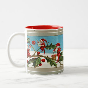RED CHRISTMAS ELVES,HOLLYBERRIES Two-Tone COFFEE MUG