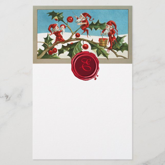 RED CHRISTMAS ELVES,HOLLYBERRIES Wax Seal Monogram Stationery (Front)