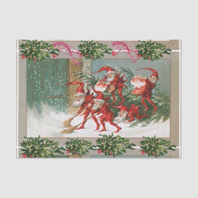 RED CHRISTMAS ELVES SWEEPING IN SNOW Mistletoes Tissue Paper (Front)