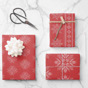 Red christmas embroidery nordic snowflake art   wrapping paper sheet