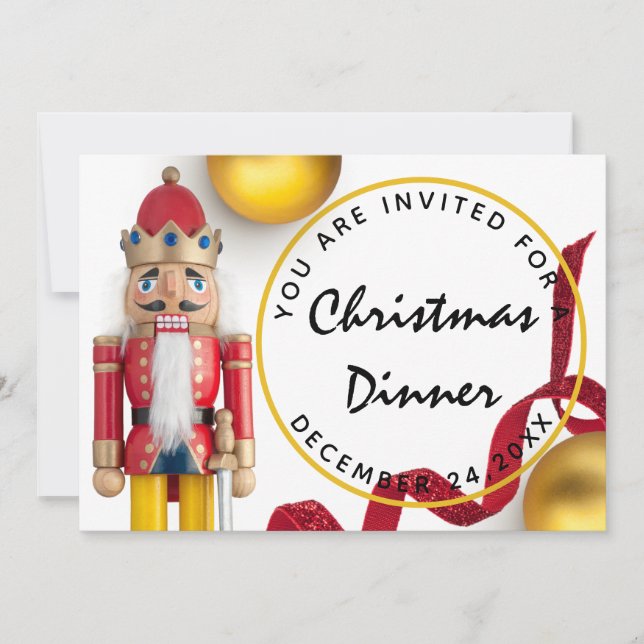 Red Christmas Eve Dinner White gold Nutcracker Invitation (Front)