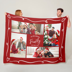 Red Christmas Family 4 Photo Hand Drawn Doodles Fleece Blanket