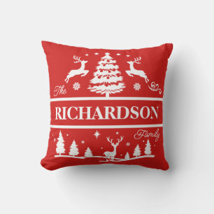 Red Christmas Family Name Custom Name Monogram Cushion