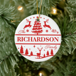 Red Christmas Family Name Monogram Custom Name Ceramic Ornament