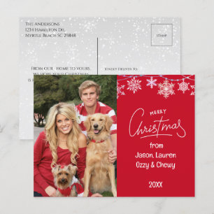 Red Christmas Family Photo Pets Message Holiday Postcard