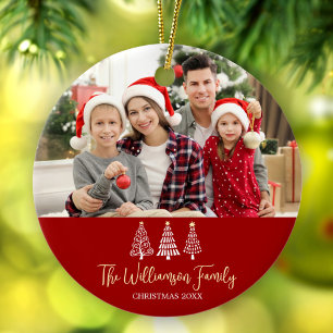 Red Christmas Family Photo Whimsical Trees Script Ceramic Ornament