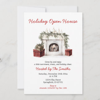 Red Christmas Fireplace Holiday Open House Party Invitation