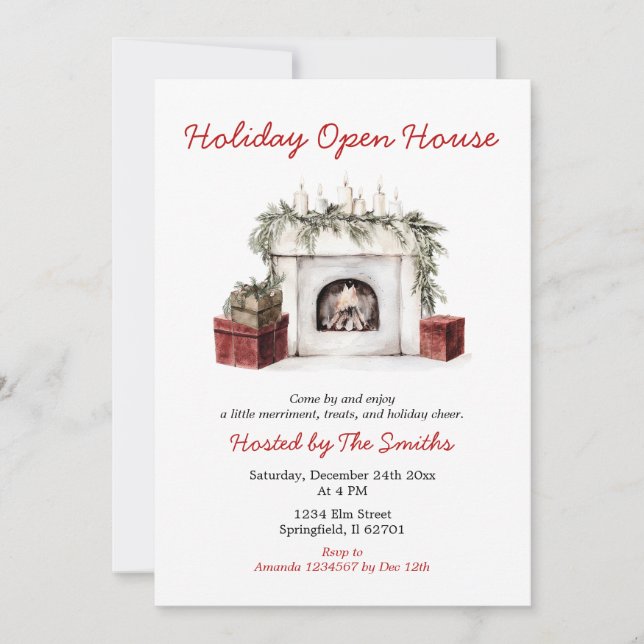 Red Christmas Fireplace Holiday Open House Party Invitation (Front)