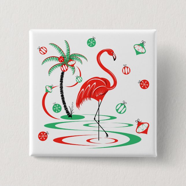 Red Christmas Flamingo Baubles button square (Front)