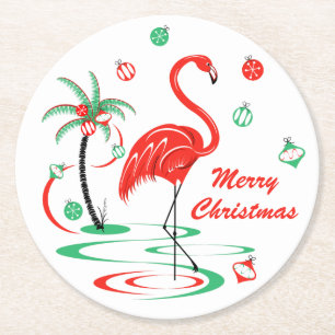 Red Christmas Flamingo Baubles Christmas round Round Paper Coaster