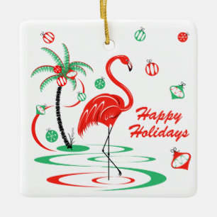 Red Christmas Flamingo Baubles Holidays square Ceramic Ornament