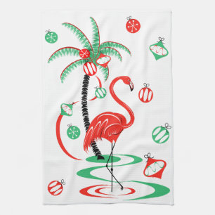 Red Christmas Flamingo Baubles kitchen towel