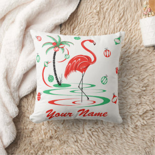 Red Christmas Flamingo Baubles Name square Cushion