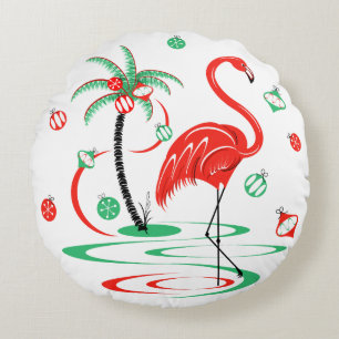 Red Christmas Flamingo Baubles Round Cushion