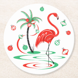 Red Christmas Flamingo Baubles round Paper Coaster