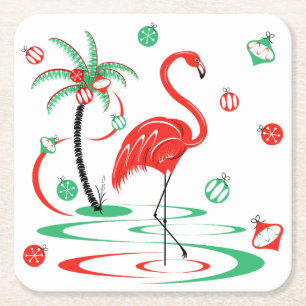Red Christmas Flamingo Baubles square Paper Coaster