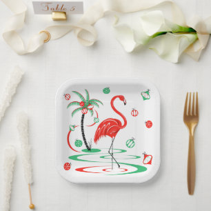 Red Christmas Flamingo Baubles square Paper Plate