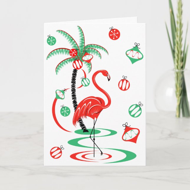 Red Christmas Flamingo Baubles Text greetings card (Front)