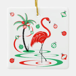 Red Christmas Flamingo Baubles Text square Ceramic Ornament