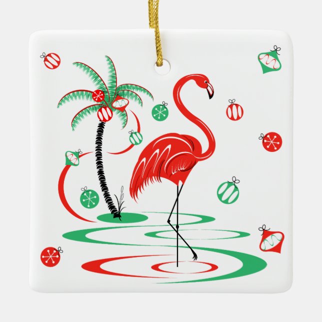 Red Christmas Flamingo Baubles Text square Ceramic Ornament (Front)