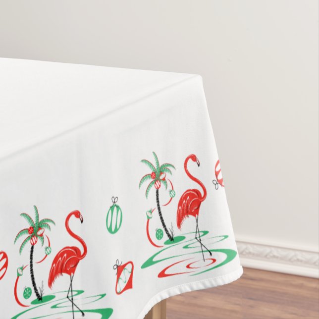Red Christmas Flamingo border tablecloth (In Situ)