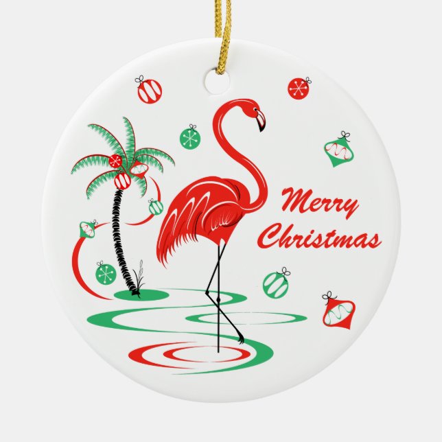 Red Christmas Flamingo Christmas round Ceramic Ornament (Front)