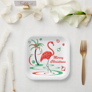 Red Christmas Flamingo Christmas square Paper Plate