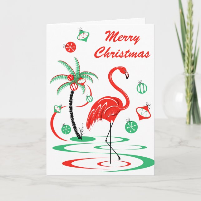 Red Christmas Flamingo Christmas Text portrait Holiday Card (Front)