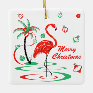 Red Christmas Flamingo Christmas Text square Ceramic Ornament