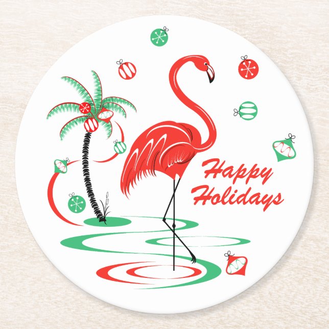 Red Christmas Flamingo Happy Holidays paper round Coaster (Front)