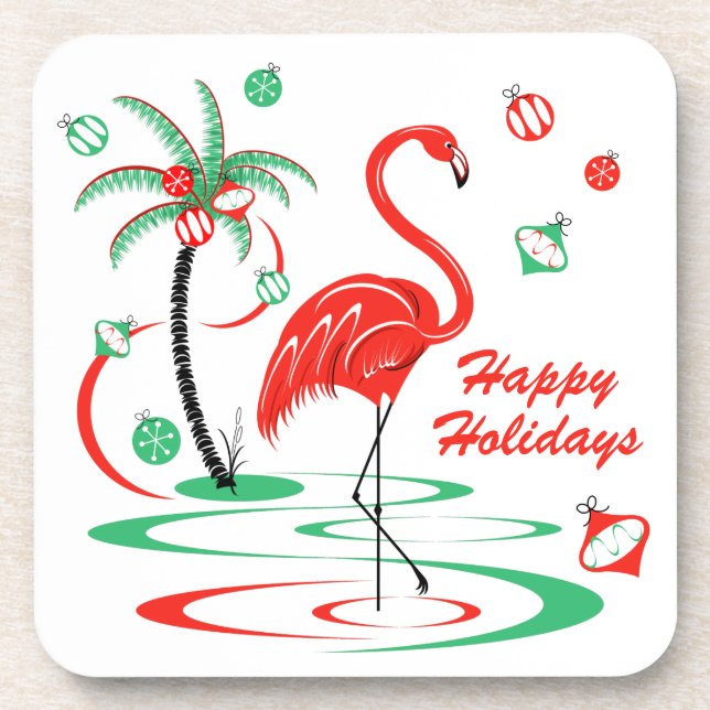 Red Christmas Flamingo Happy Holidays plastic Coaster (Front)