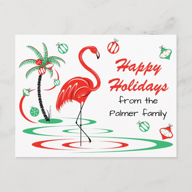 Red Christmas Flamingo Happy Holidays Text Postcard (Front)