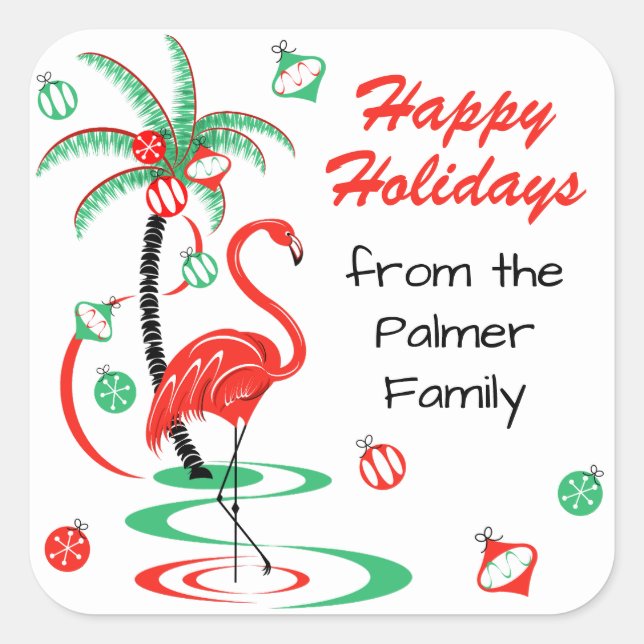 Red Christmas Flamingo Happy Holidays Text square Square Sticker (Front)