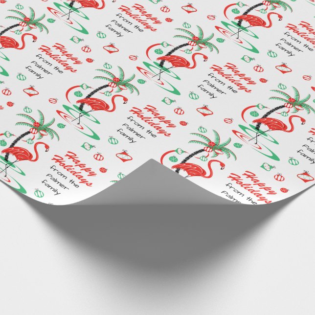 Red Christmas Flamingo Happy Holidays Text Wrapping Paper (Corner)