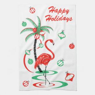 Red Christmas Flamingo Holidays kitchen towel