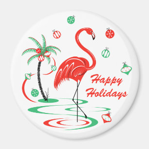 Red Christmas Flamingo Holidays magnet round